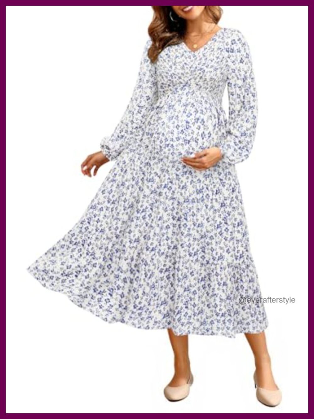 Maternity Smocked A-Line Midi Dress V-Neck Baby Shower Easter